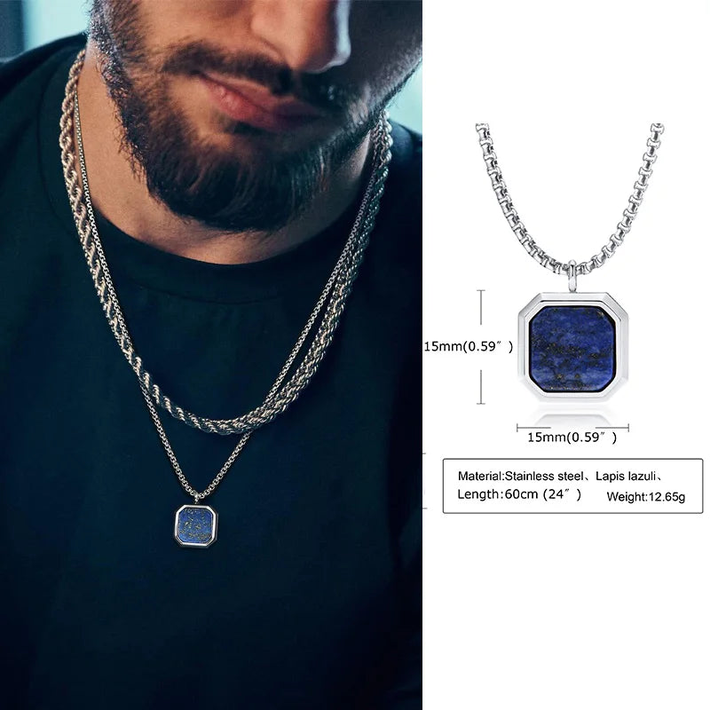 שרשרת לגבר ''אליאור'' תליון מרובע בשיבוץ אבן טבעית ושרשרת שזורה בציפוי זהב 18K או כסף